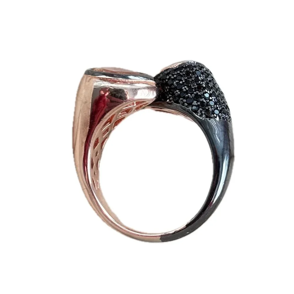Swarovski Pave Crystals in 2-Tone Ring Rose & Black Sterling Silver Size 7 Italy